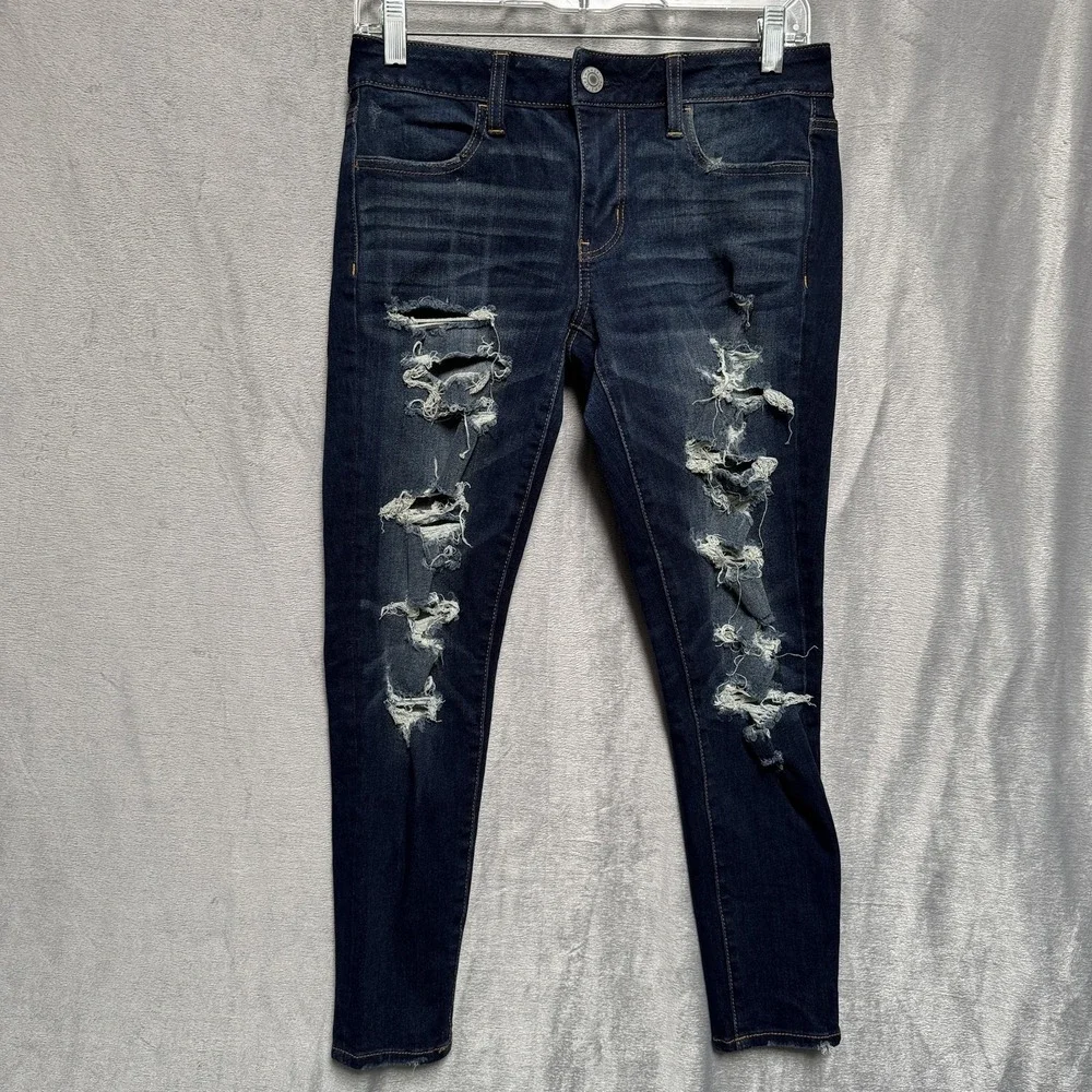 American Eagle Jeans Womens 4 X Short Dark Wash Super Stretch X Distressed‎